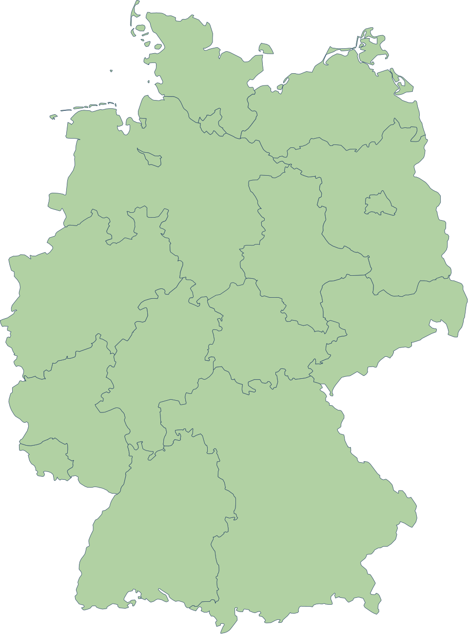 Karte von Deutschland mit einem Standort-Pin in jedem Bundesland